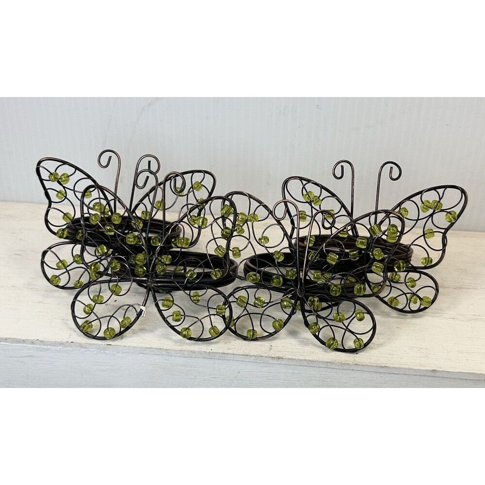 Set of 4 Butterfly Napkin Rings Green Beads Brown Wire Spring Table Decor